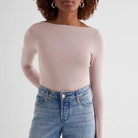 Express Tops - Express Supersoft Fitted Boat Neck Long Sleeve Tee Light Mauve Medium